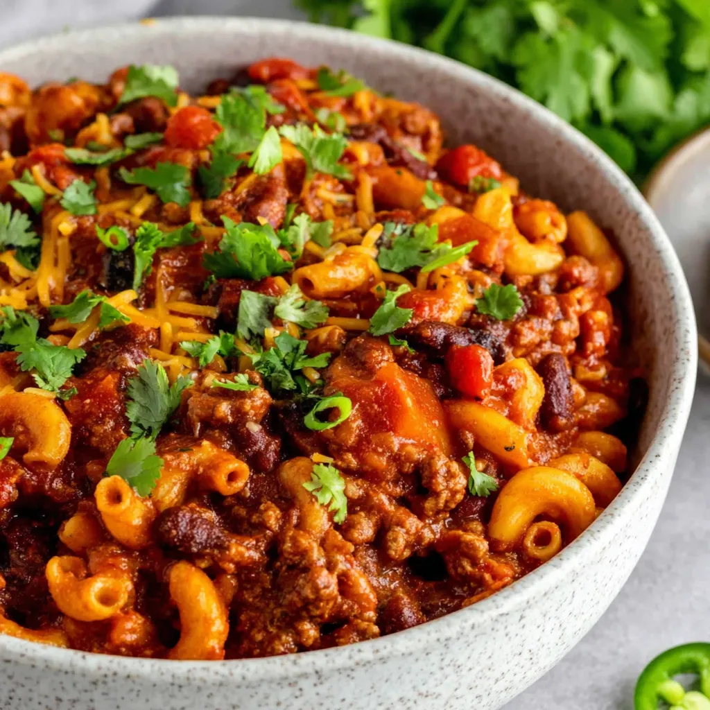 Close-up of cheesy Cheddar Chili Mac in a white bowl, showcasing the melted cheddar and chili toppings.