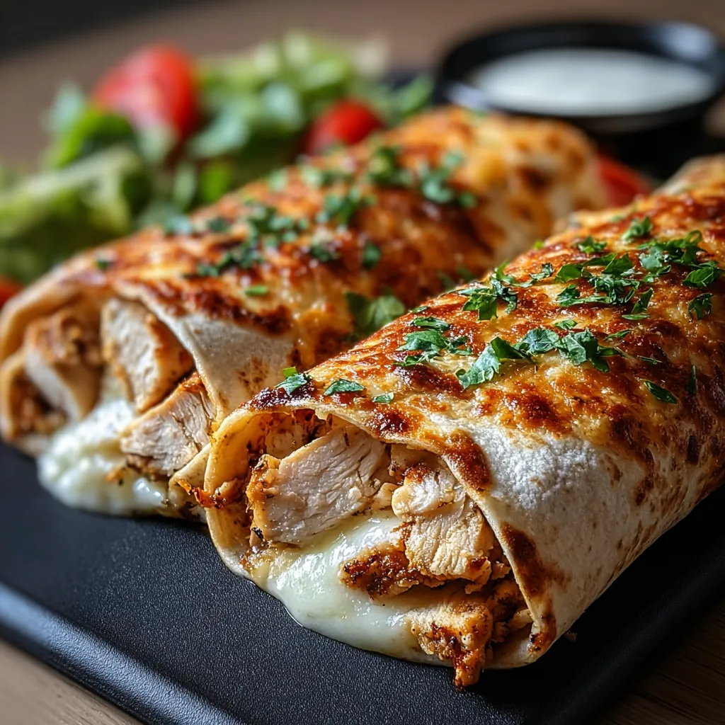 Close-up shot of delicious Chicken Mozzarella Wraps, showcasing the melted mozzarella and juicy chicken filling.