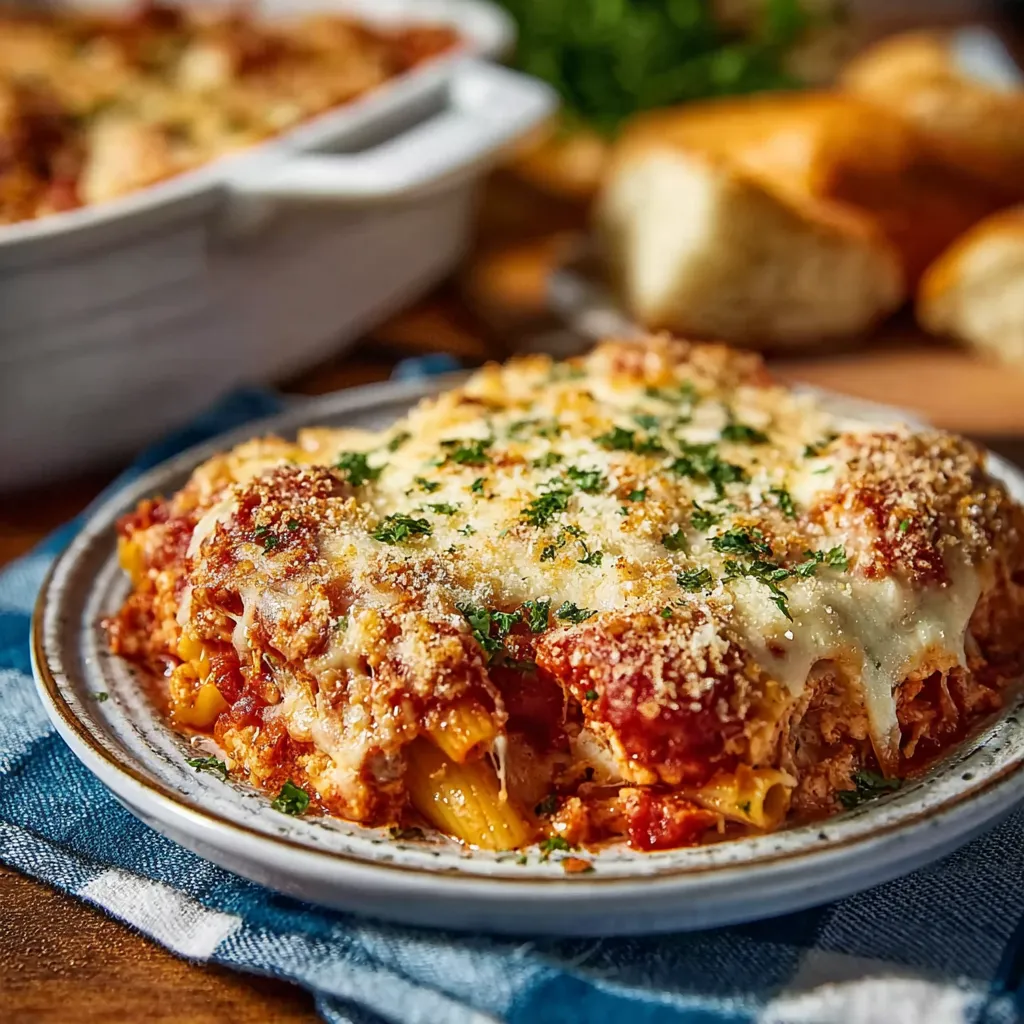 A close-up view of a freshly baked Chicken Parmesan Casserole, showcasing its melted cheese topping and golden-brown breadcrumb crust.