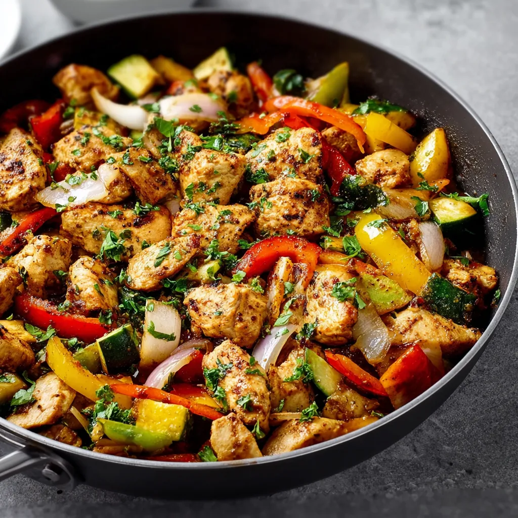 Close-up of a delicious Chicken Veggie Skillet with colorful vegetables, ready to be served.