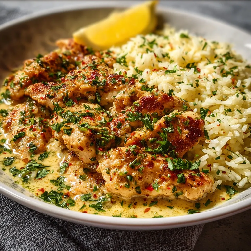 Creamy Chicken Scampi dish served in a white bowl, showcasing its creamy sauce and tender chicken.
