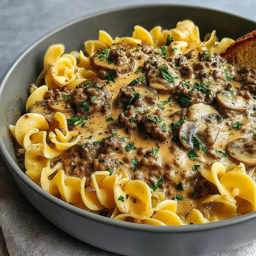 Close-up of creamy Ground Beef Stroganoff, showcasing the rich sauce and tender beef.