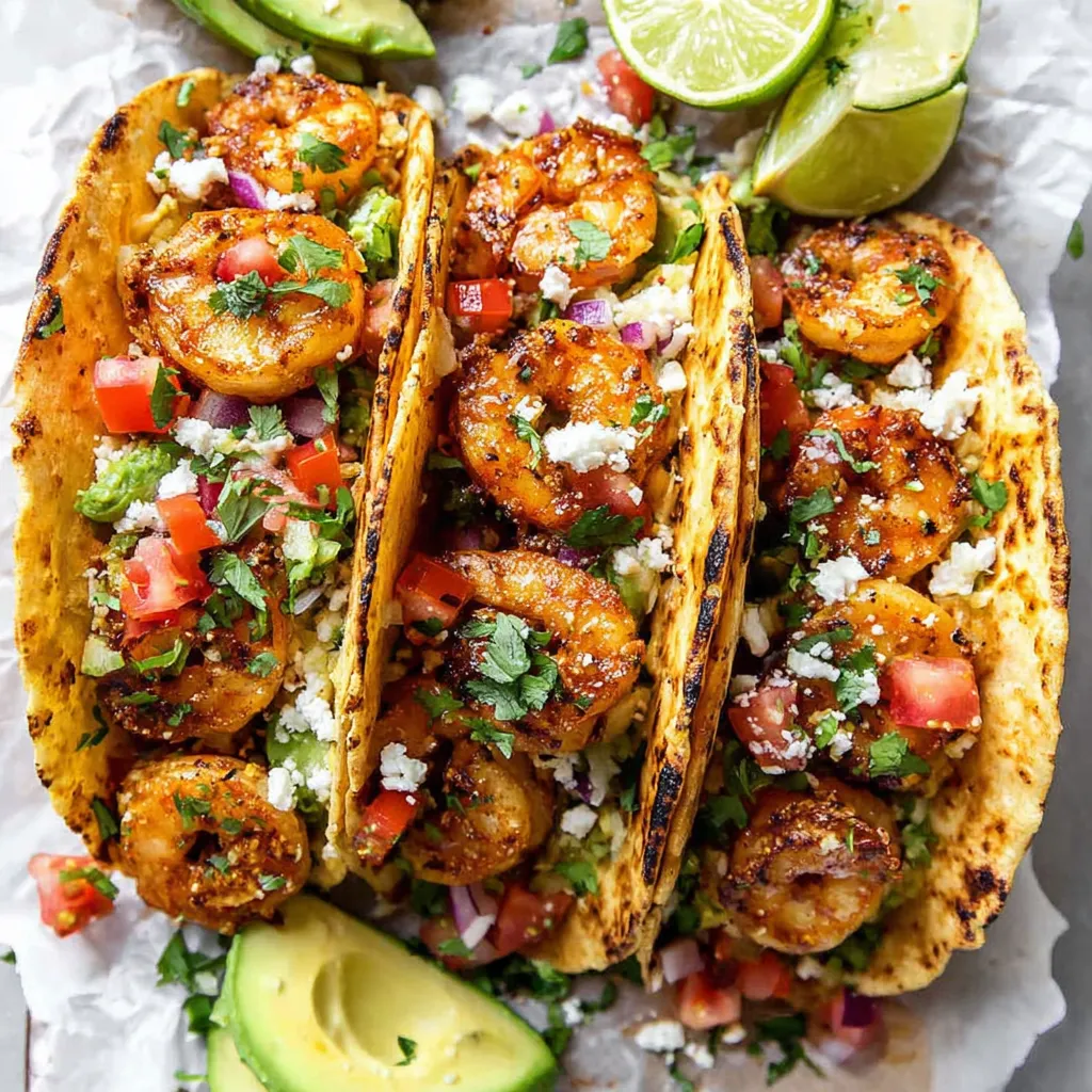 A close-up shot showcasing the delicious toppings and fresh ingredients inside flavorful Shrimp Tacos.