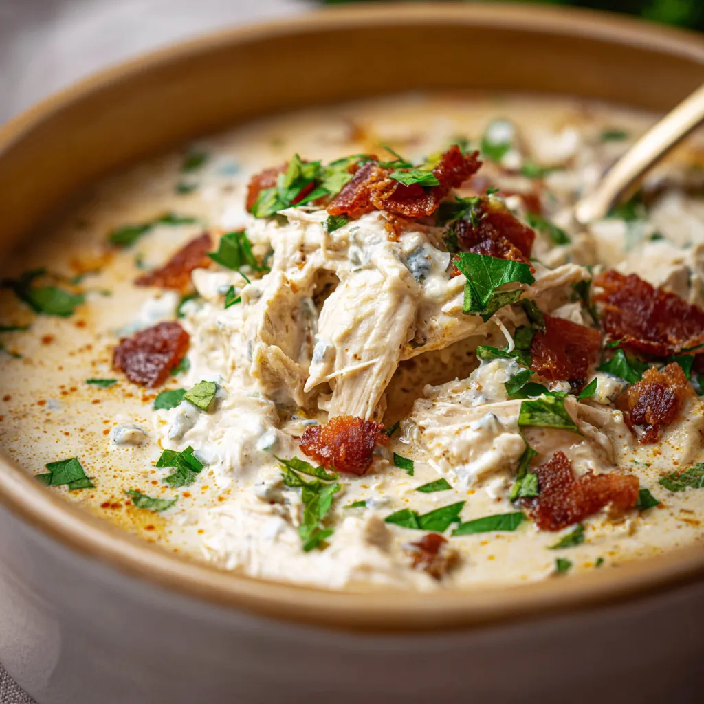 Close-up view of creamy Slow Cooker Keto Chicken Cream Cheese Soup, highlighting its rich texture and delicious ingredients.