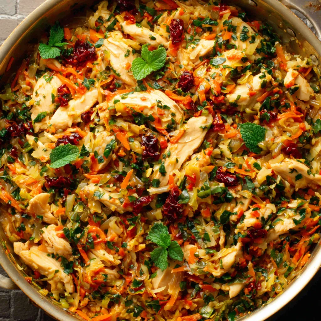 Close-up view of a freshly cooked Thai Chicken Cabbage Skillet in a pan, ready to serve.