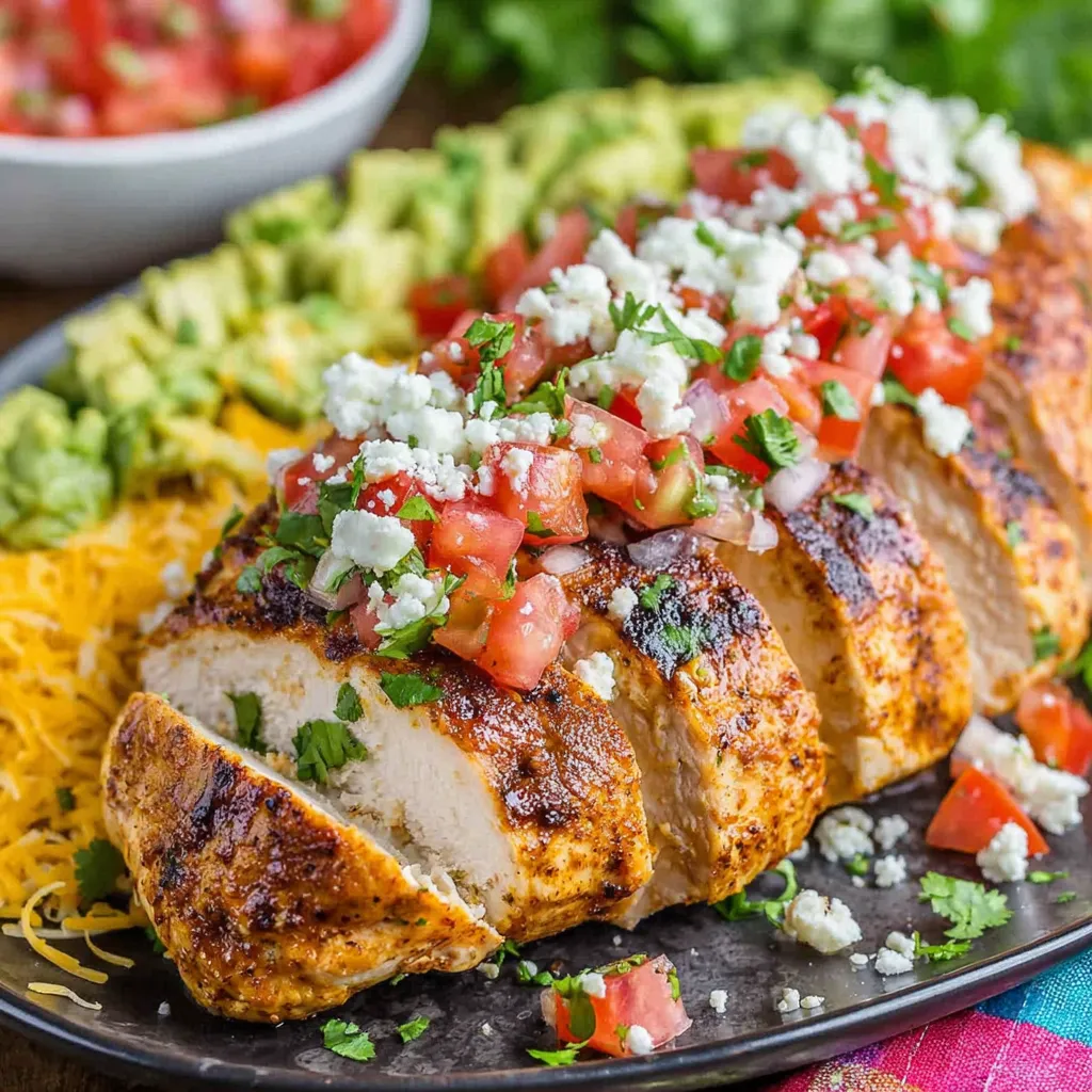 A close-up shot showcases a delicious plate of Fiesta Lime Chicken, highlighting its vibrant colors and textures.