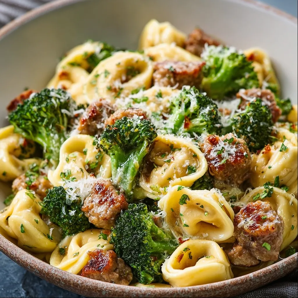 Close-up shot of creamy Garlic Parmesan Tortellini, showcasing the cheesy sauce and plump pasta.