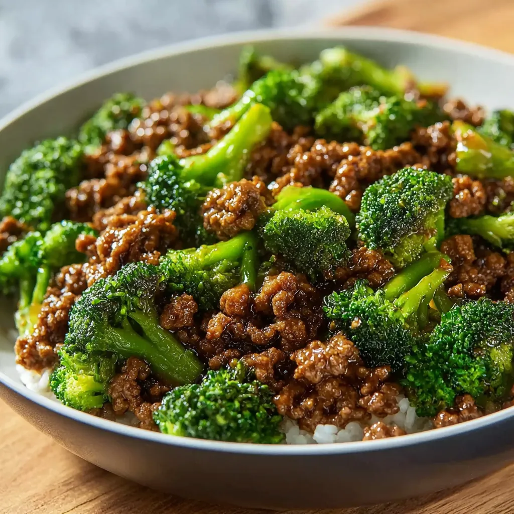 Honey Garlic Beef & Broccoli is plated and ready to be served in this delicious recipe content image.