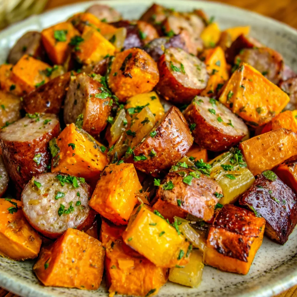 Close-up shot of a Honey Garlic Sausage Sweet Potato Bake showing the golden-brown roasted sweet potatoes and sausage.