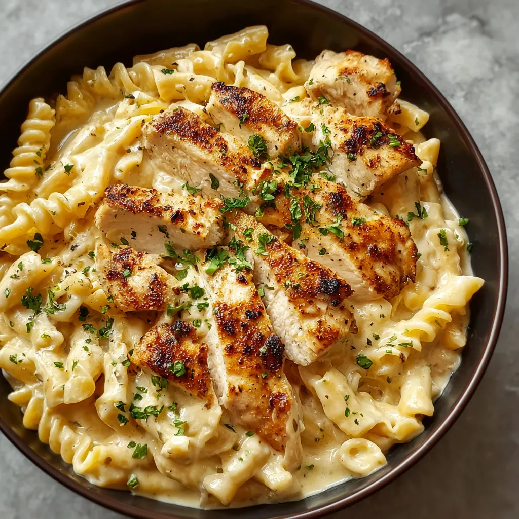 Close-up shot of creamy Boursin Chicken Pasta, showcasing the dish's texture and ingredients.