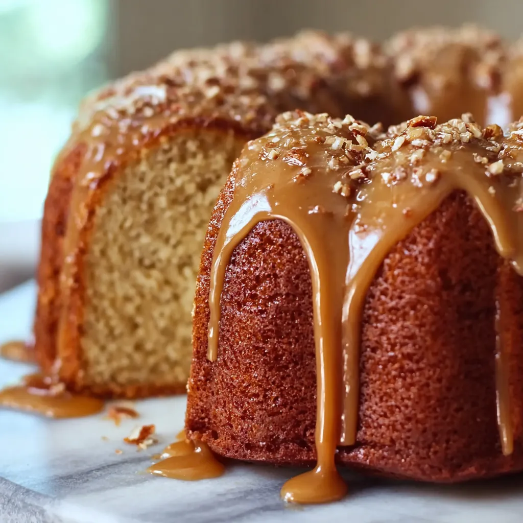 Close-up shot showcasing the moist texture of the Brown Sugar Caramel Pound Cake.