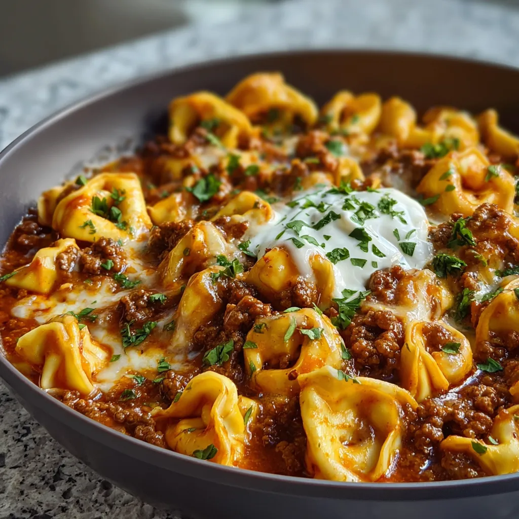 A close-up shot showcases the delicious details of Cheesy Beef Enchilada Tortellini, highlighting the melted cheese and savory filling.