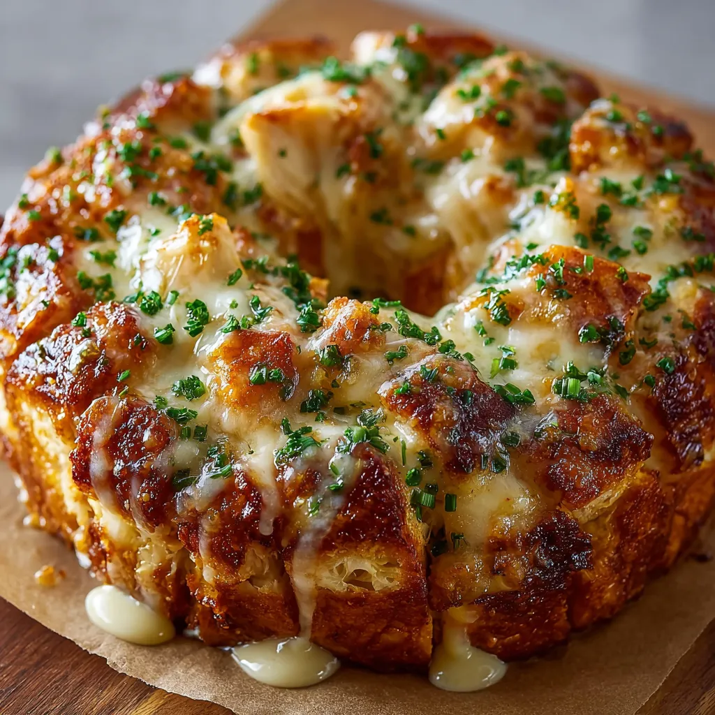Close-up of delicious, cheesy Chicken Alfredo Monkey Bread, showcasing its pull-apart texture.