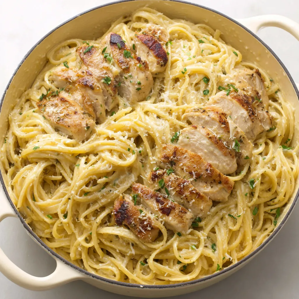 Close-up shot of creamy Chicken Garlic Parmesan Pasta ready to be served.