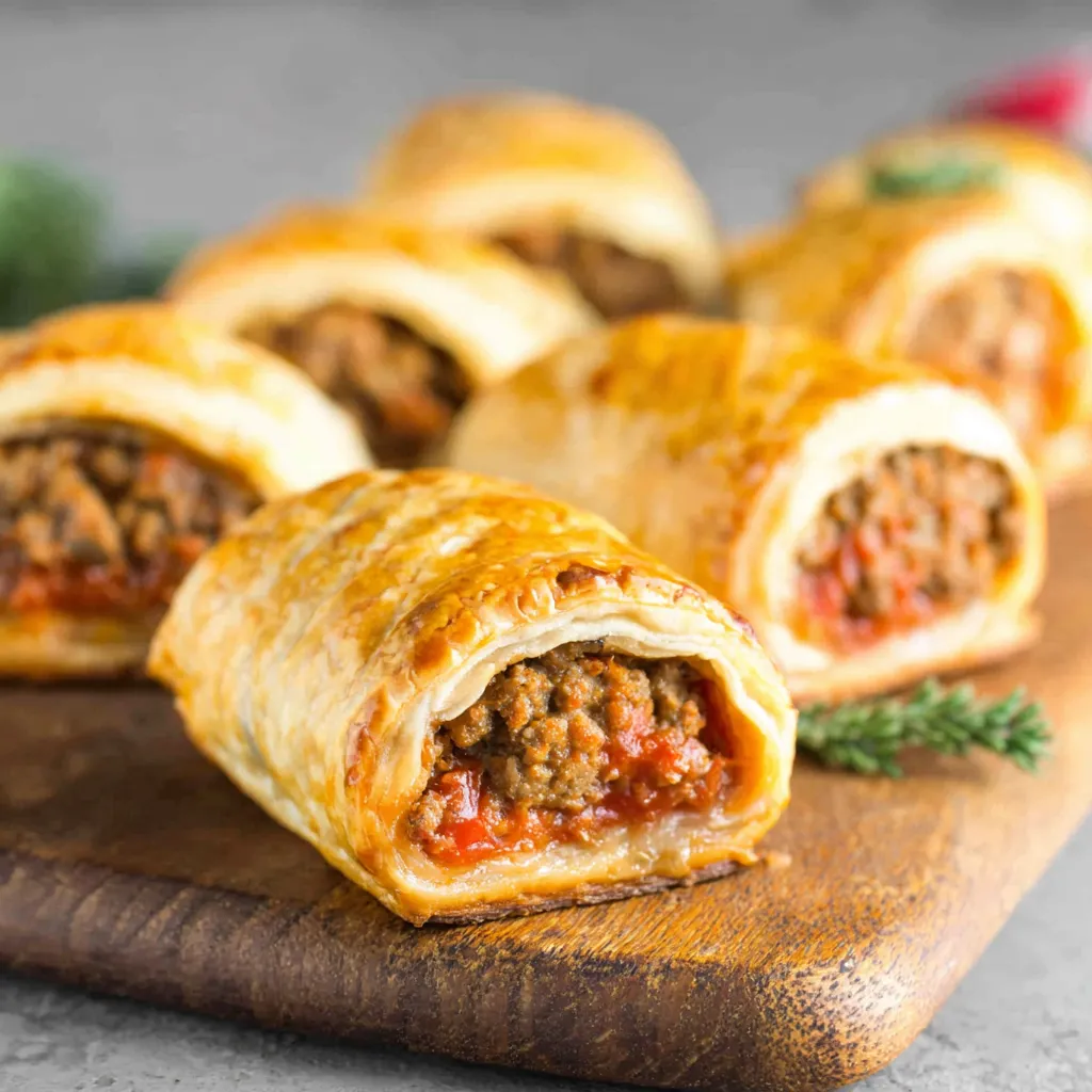 A close-up shot showcases a delicious Sausage Roll, highlighting its flaky pastry and savory filling.