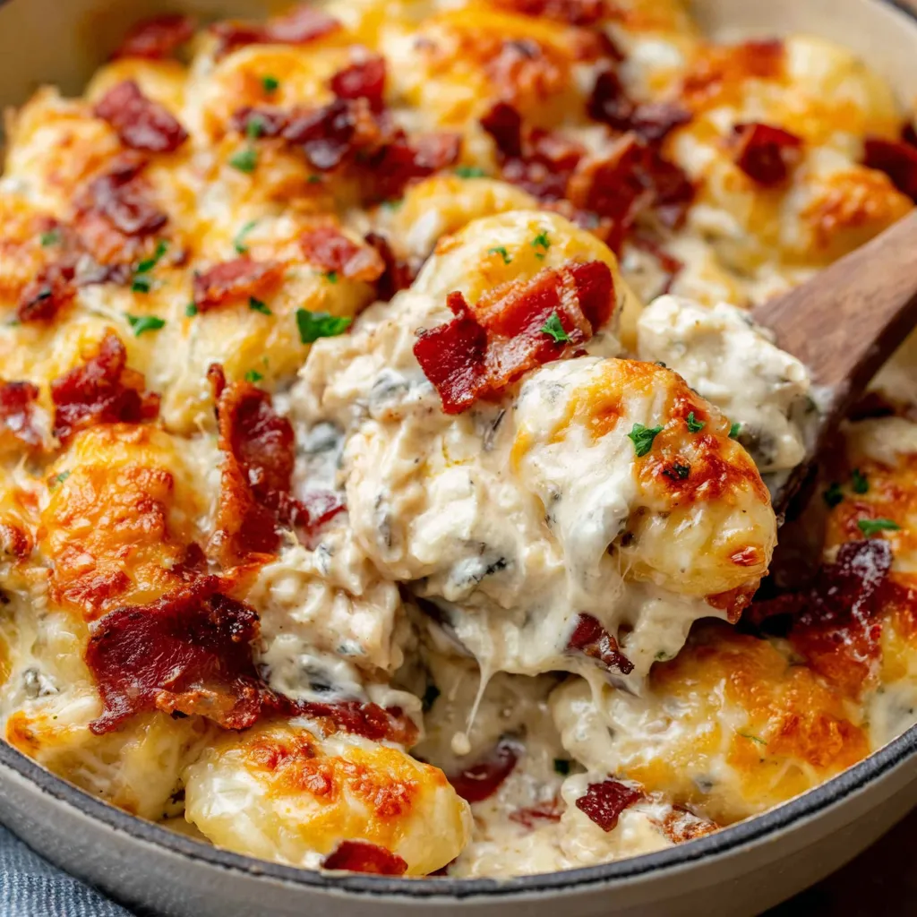 Close-up shot showcasing the creamy texture and delicious ingredients of Crack Chicken Gnocchi.