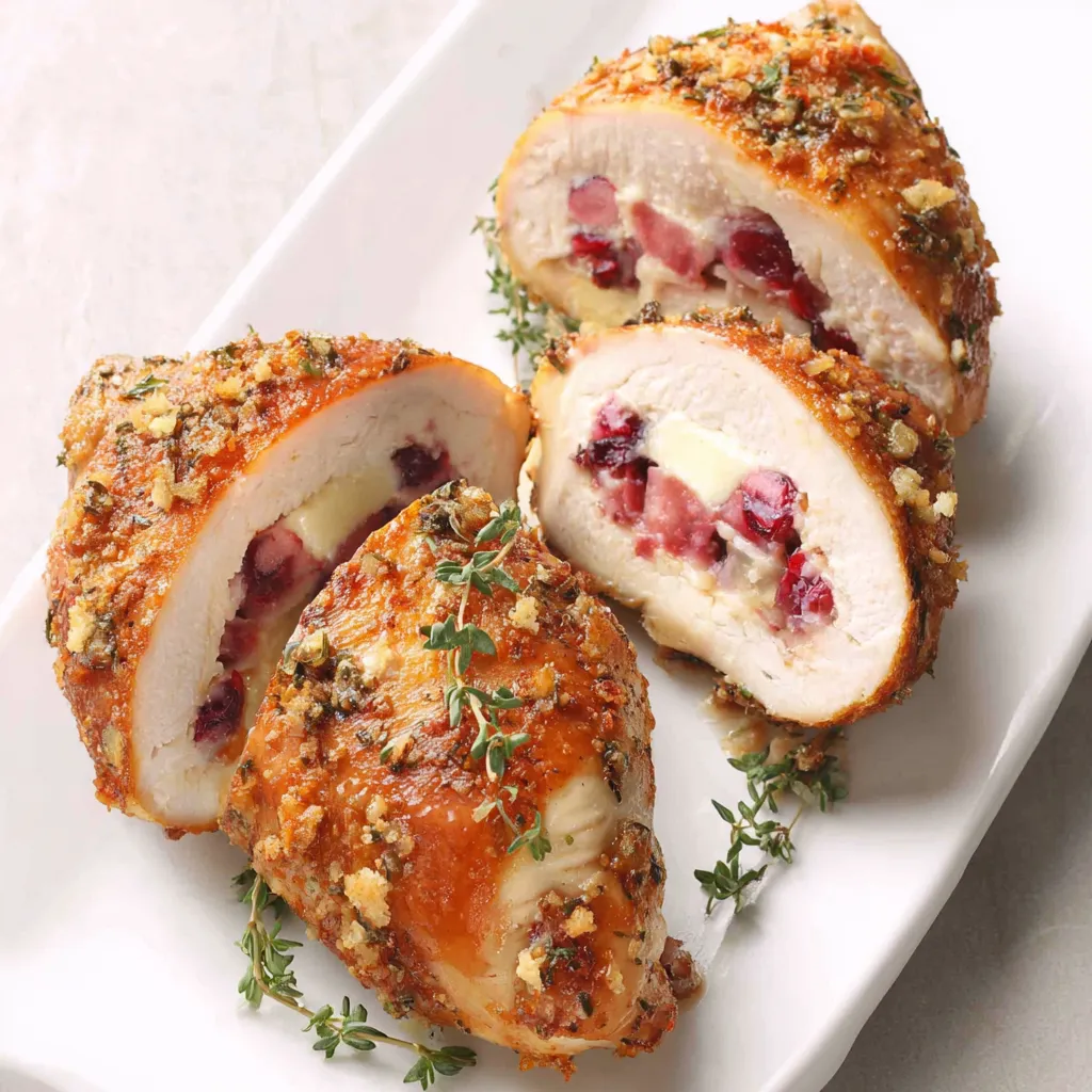 Close-up of sliced Cranberry Brie Stuffed Chicken showcasing the creamy brie and cranberry filling.