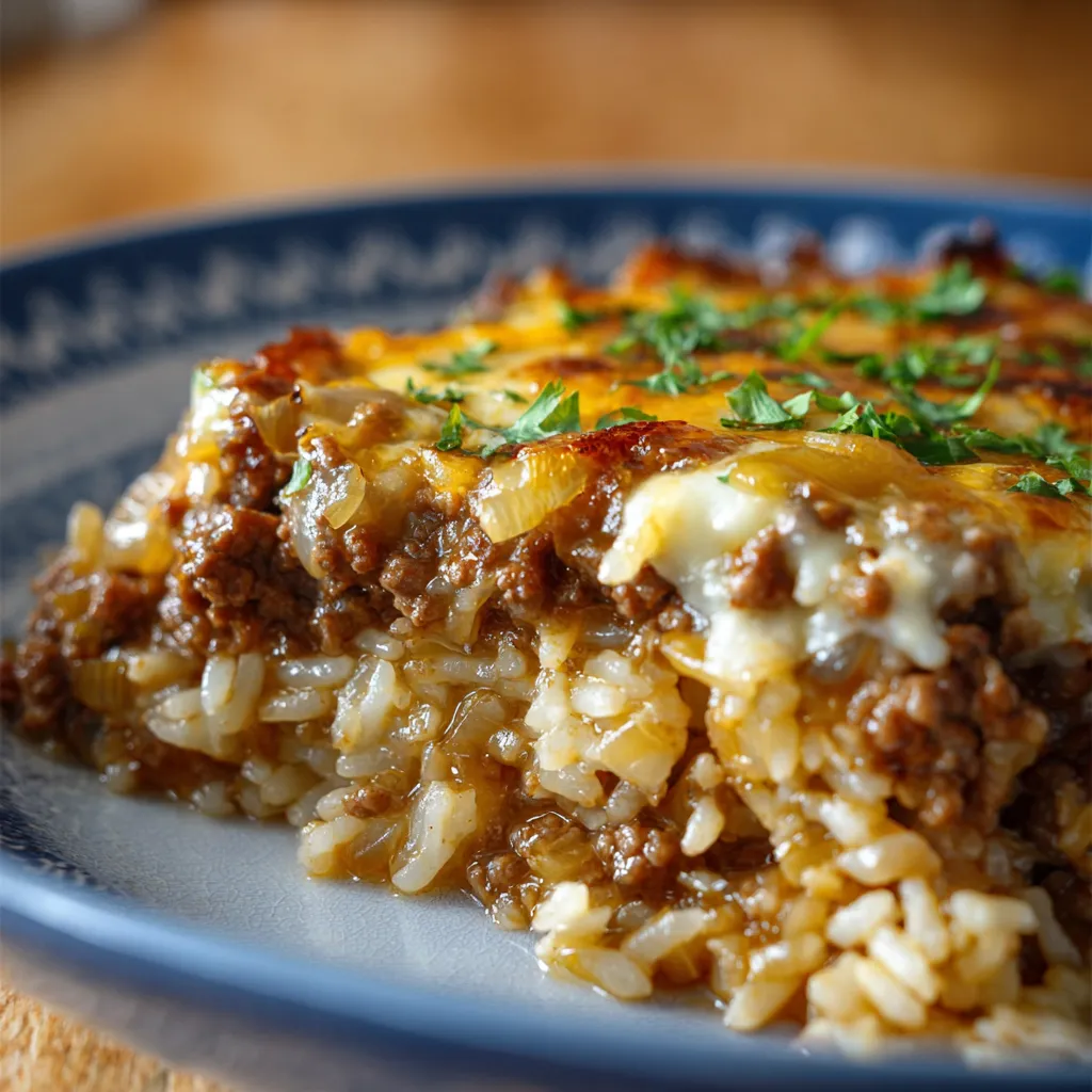 Close-up view of the delicious, bubbling cheese topping on the finished French Onion Beef Casserole.