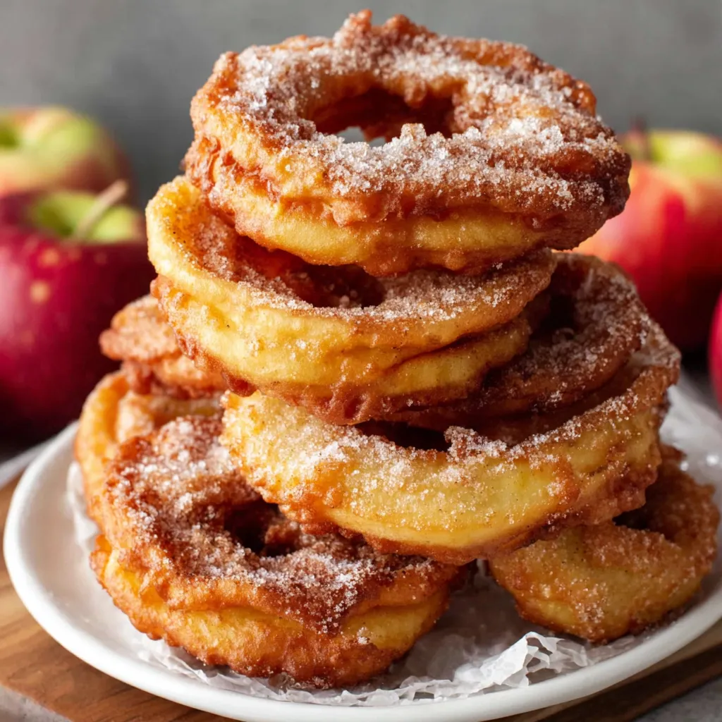 Close-up shows golden brown Fried Apple Rings stacked appealingly on a plate.