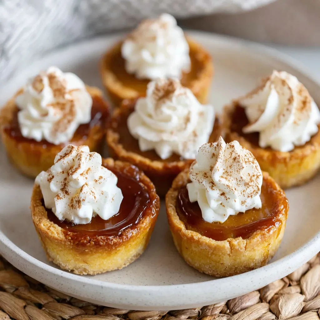 Close-up of freshly baked Mini Pumpkin Pies, showcasing their golden-brown crust and delicious filling.