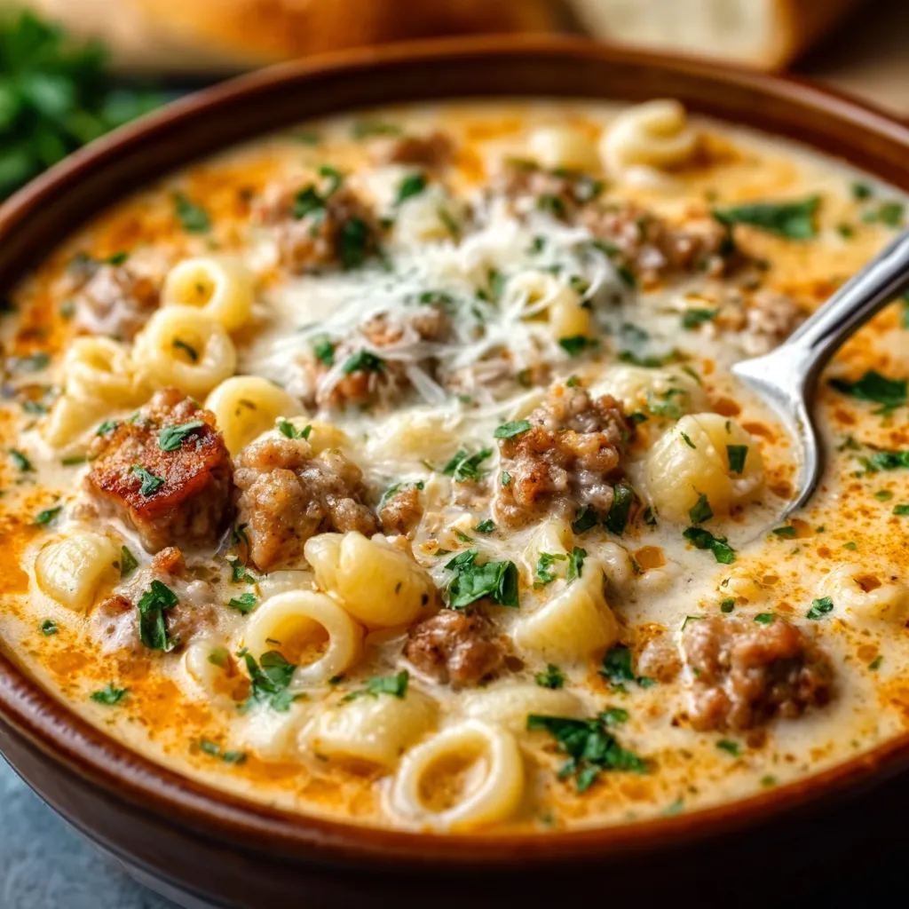 Close-up view of hearty Parmesan Italian Sausage Ditalini Soup in a bowl, ready to be served.