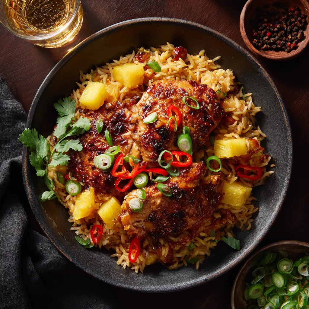 Close-up of a delicious serving of Pineapple Chicken Rice, showcasing its colorful ingredients.