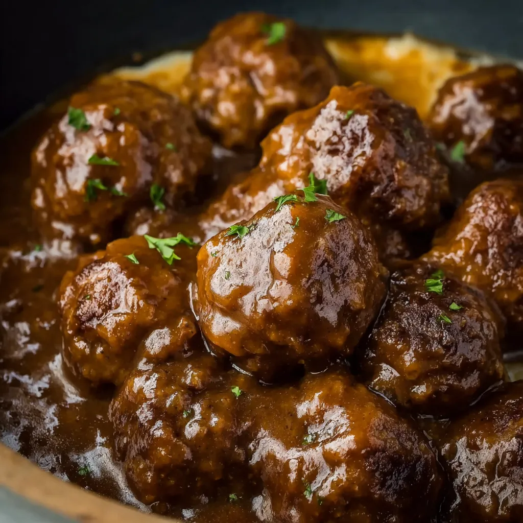 Close-up of Slow Cooker Salisbury Steak Meatballs simmering in a rich gravy, ready to be served.