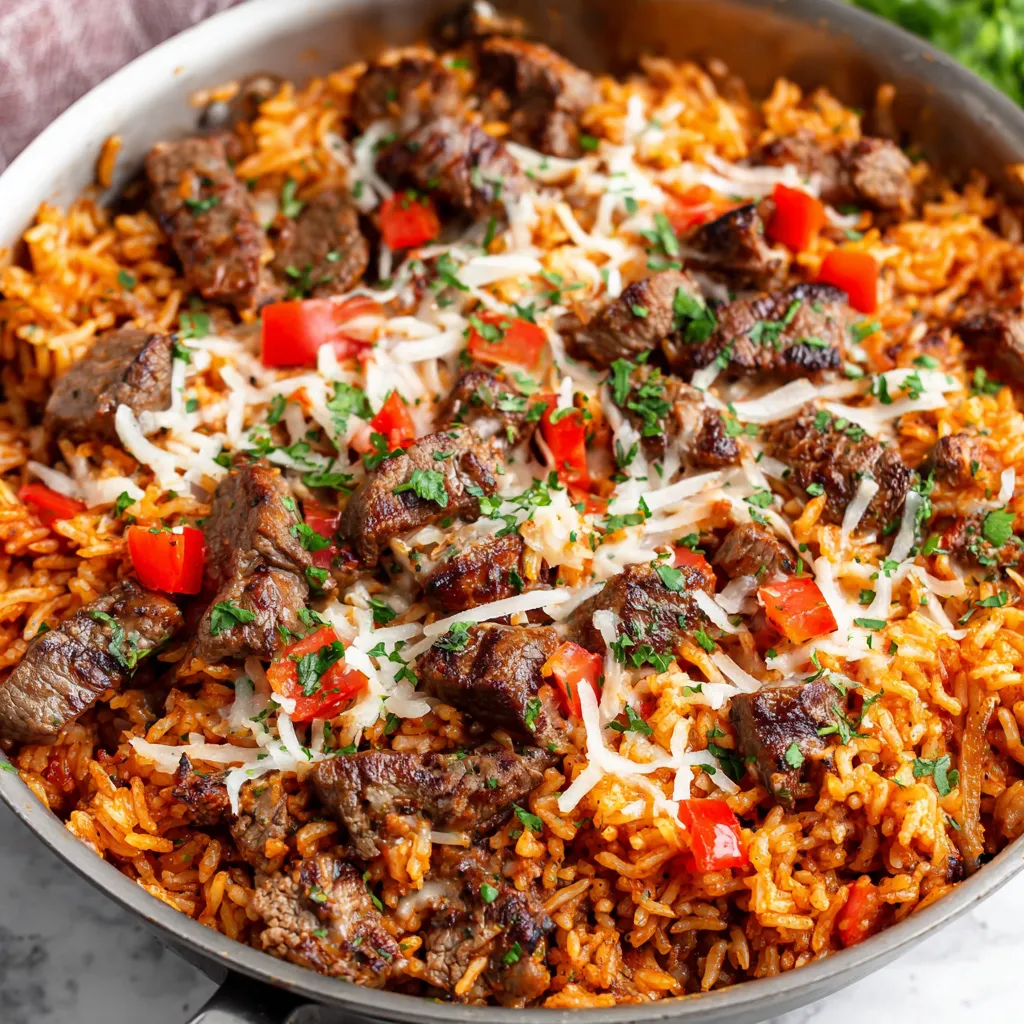 Close-up shot of delicious Steak Queso Rice showcasing its creamy queso sauce and tender steak pieces.