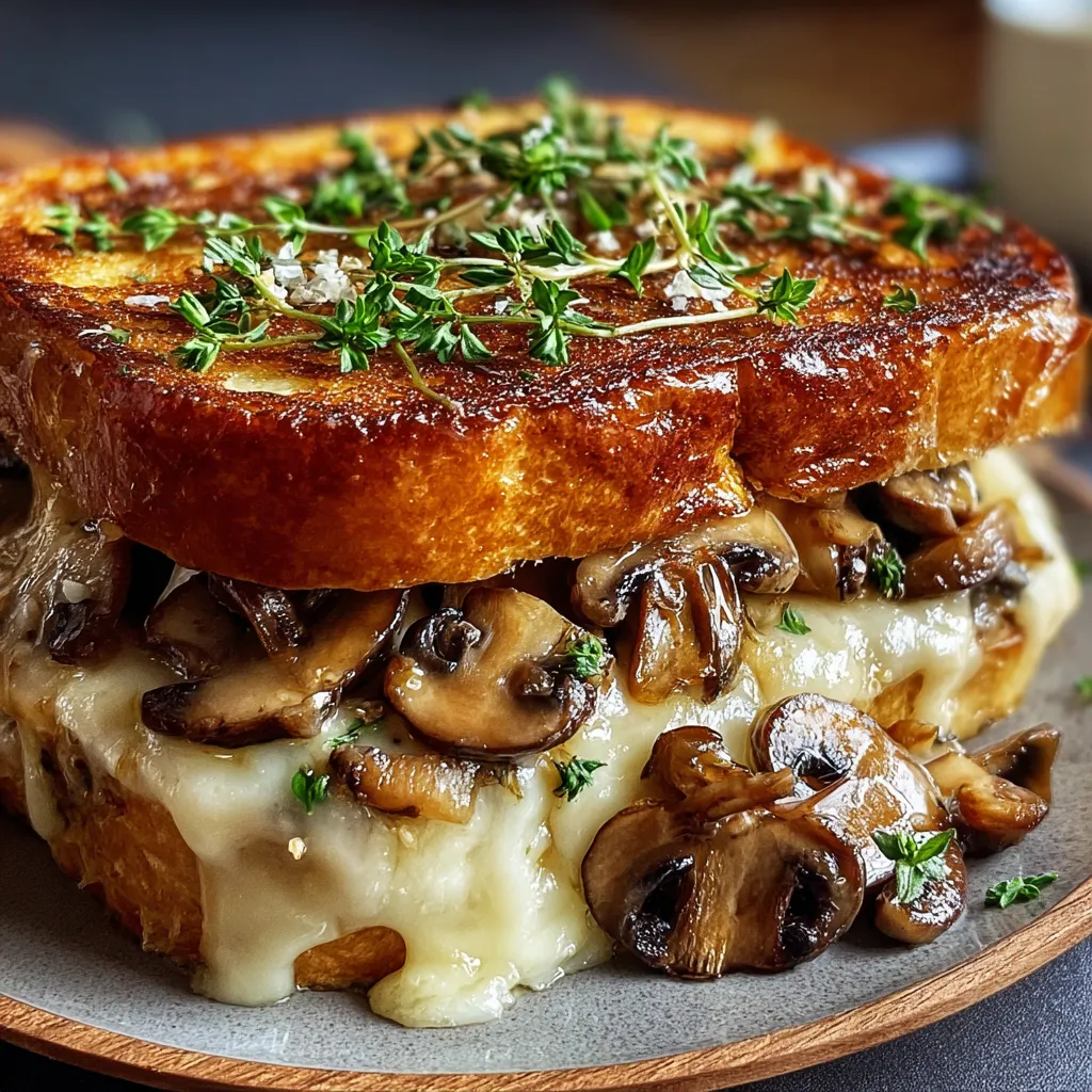 A close-up view showcases the delicious Swiss Mushroom Melt, highlighting its melted cheese and savory mushrooms.
