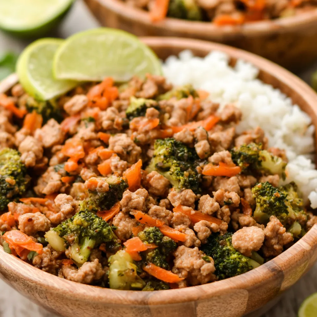 Close-up shot of Teriyaki Ground Chicken Bowls, showcasing the juicy ground chicken and colorful toppings.