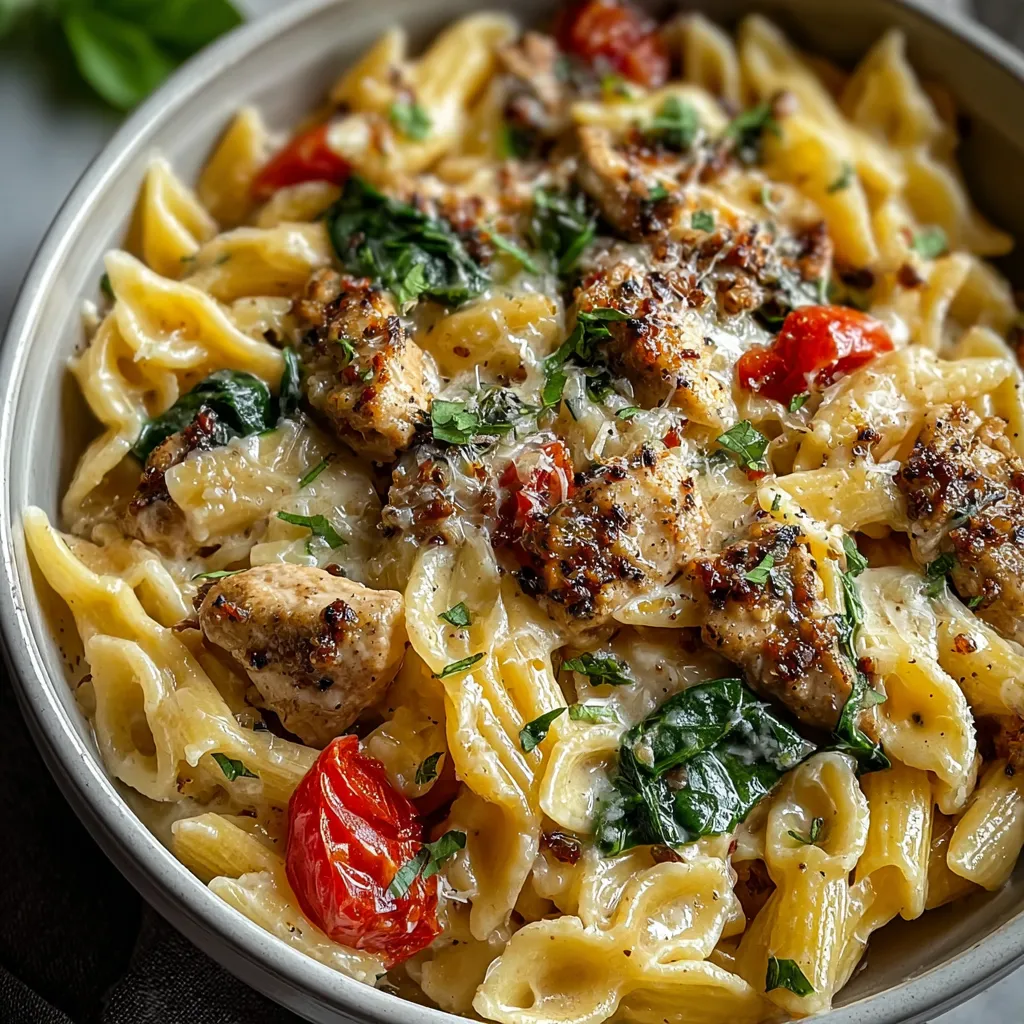 A close-up shot of creamy Tuscan Chicken Pasta, showcasing its rich sauce and tender chicken.