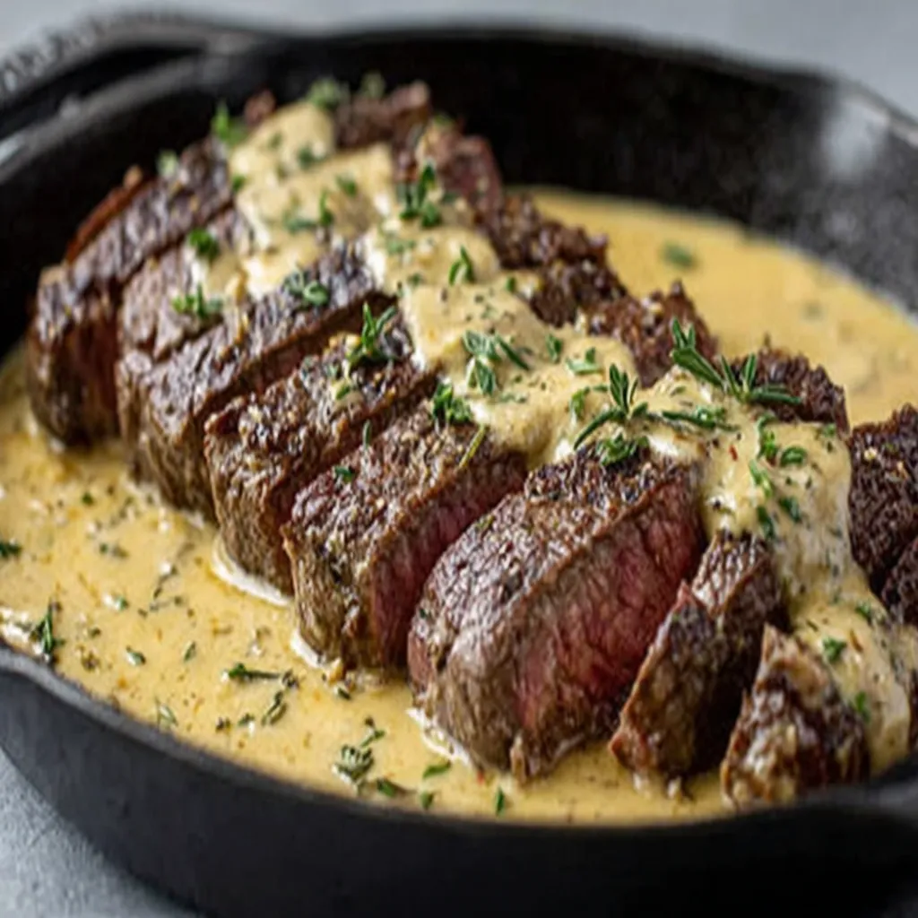 Close-up shot of a deliciously cooked Juicy Steak With Creamy Garlic Sauce, showcasing the rich sauce and tender meat.