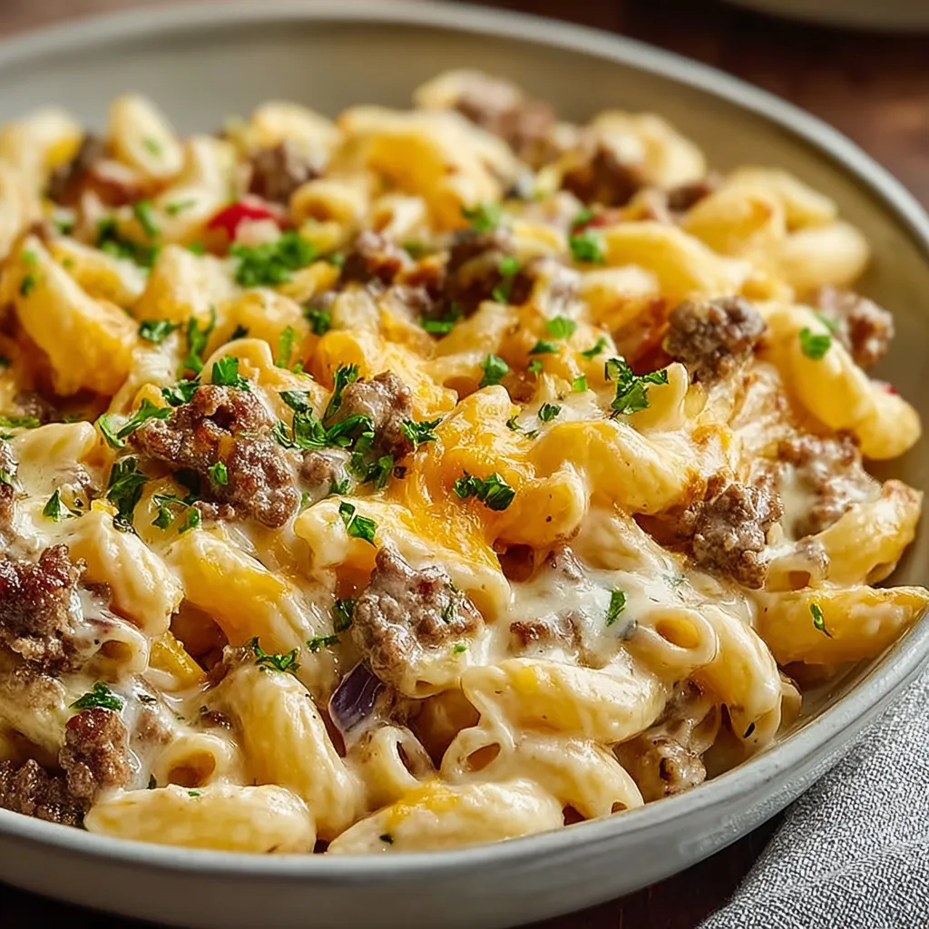 Close-up of creamy Loaded Cheeseburger Alfredo Pasta, showcasing the cheesy sauce and burger toppings.