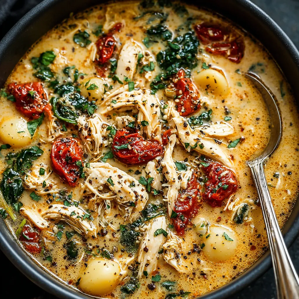 A close-up view of creamy and delicious Marry Me Chicken Soup, ready to be served and enjoyed.