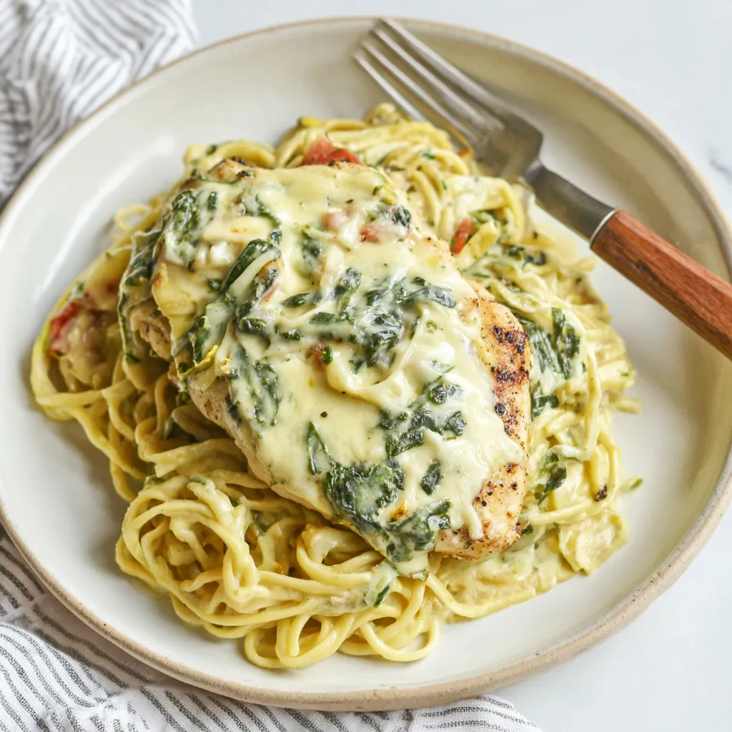 A close-up showcases a creamy serving of Monterey Chicken Spaghetti, ready to be enjoyed.