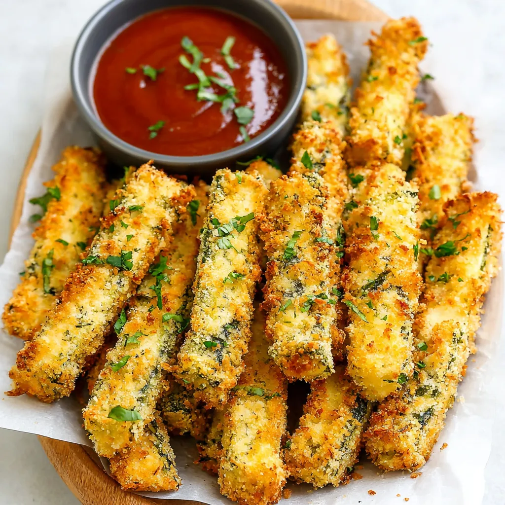 Close-up shot showcasing the crispy coating of Parmesan Zucchini Fries, perfect for dipping and enjoying.