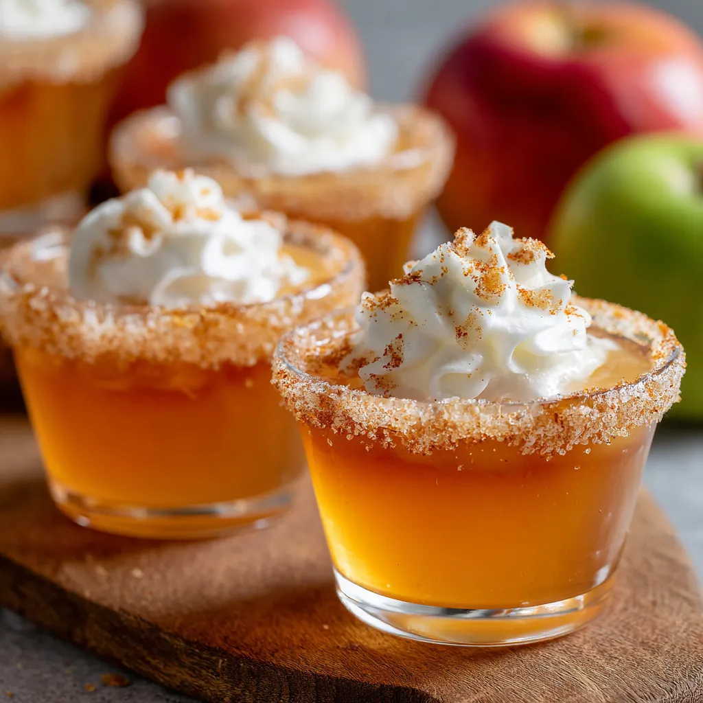 Close-up view of festive Apple Pie Jello Shots ready to be served, showcasing their creamy texture and graham cracker topping.