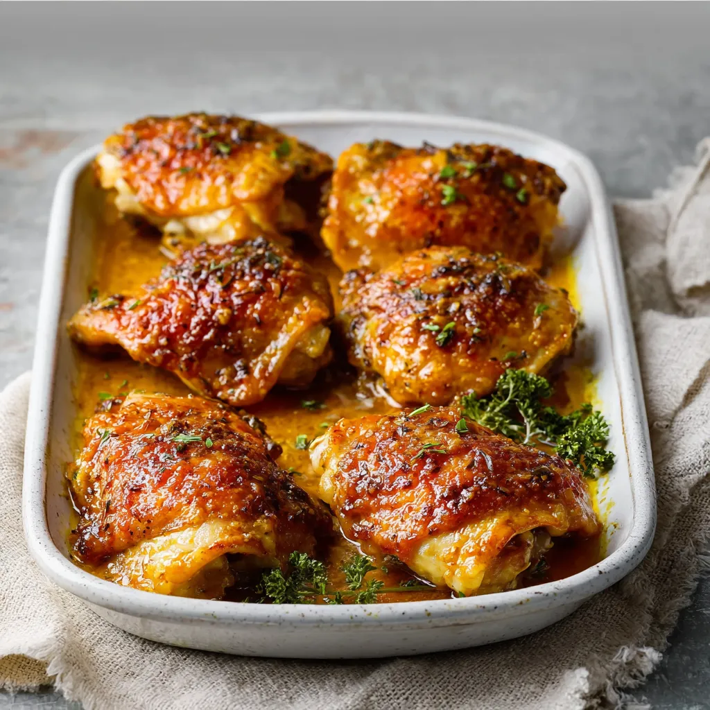 Close-up of juicy Baked Honey Mustard Chicken Thighs showing the golden-brown crust and flavorful sauce.