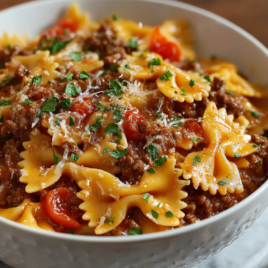 A close-up shows a delicious serving of Bowtie Pasta With Ground Beef, perfect for a hearty meal.