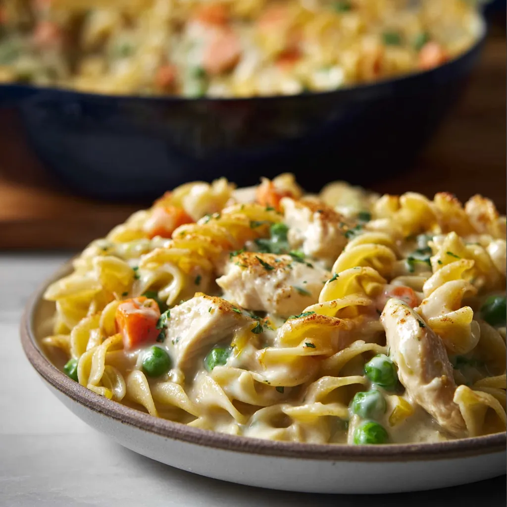 Close-up of creamy Chicken Pot Pie Pasta, highlighting the flaky crust topping and tender chicken pieces.