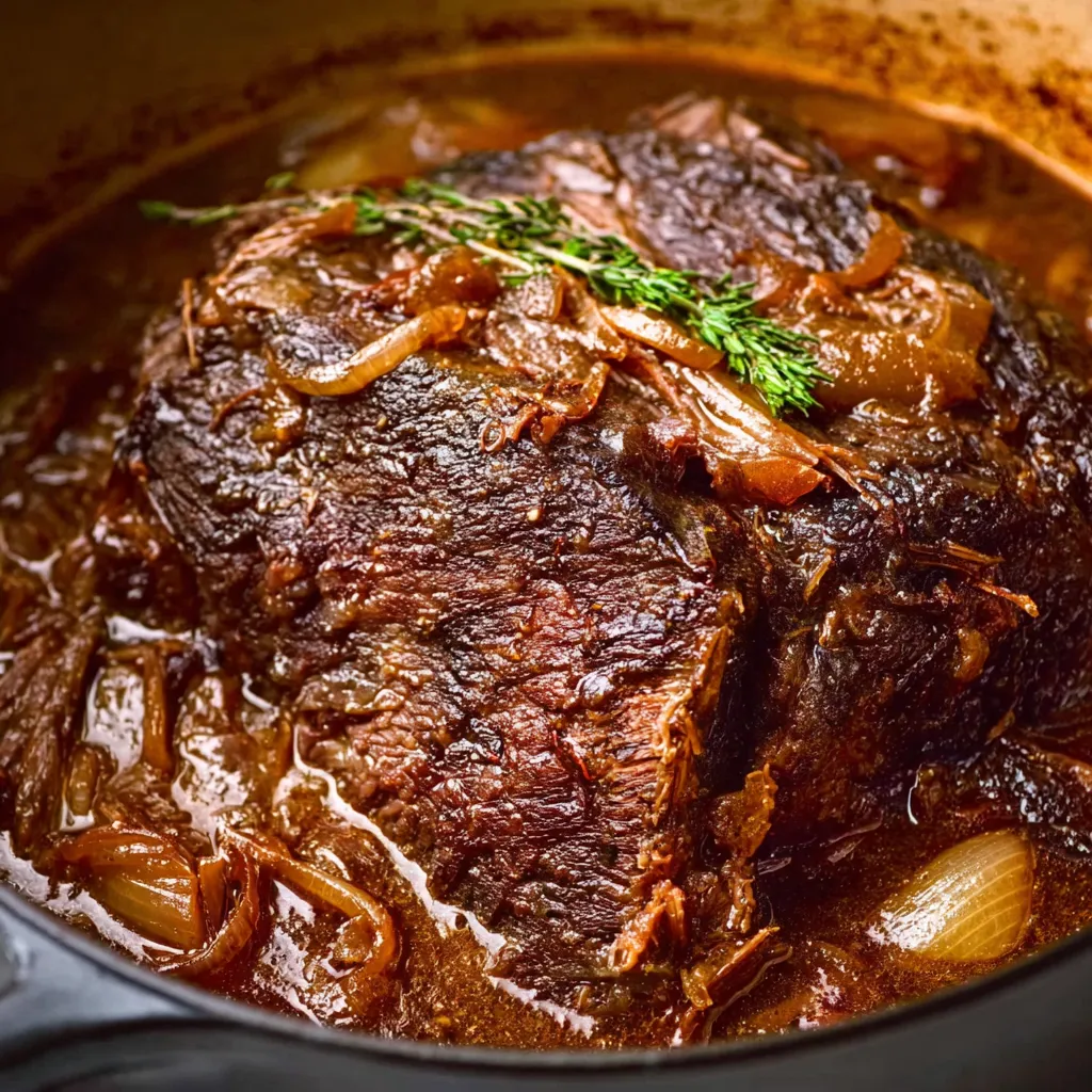 Close-up of a juicy French Onion Pot Roast with tender beef and caramelized onions, ready to be served.