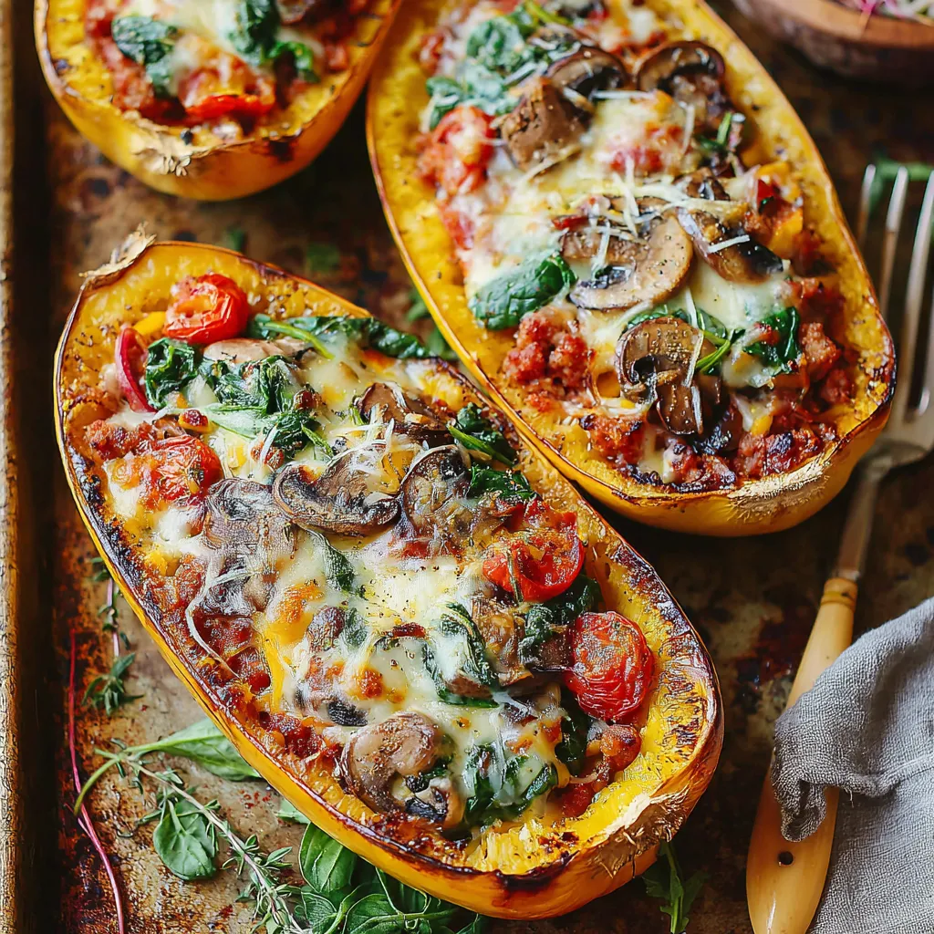 Close-up shows the vibrant, cooked Italian Sausage Stuffed Spaghetti Squash filling within the squash halves.