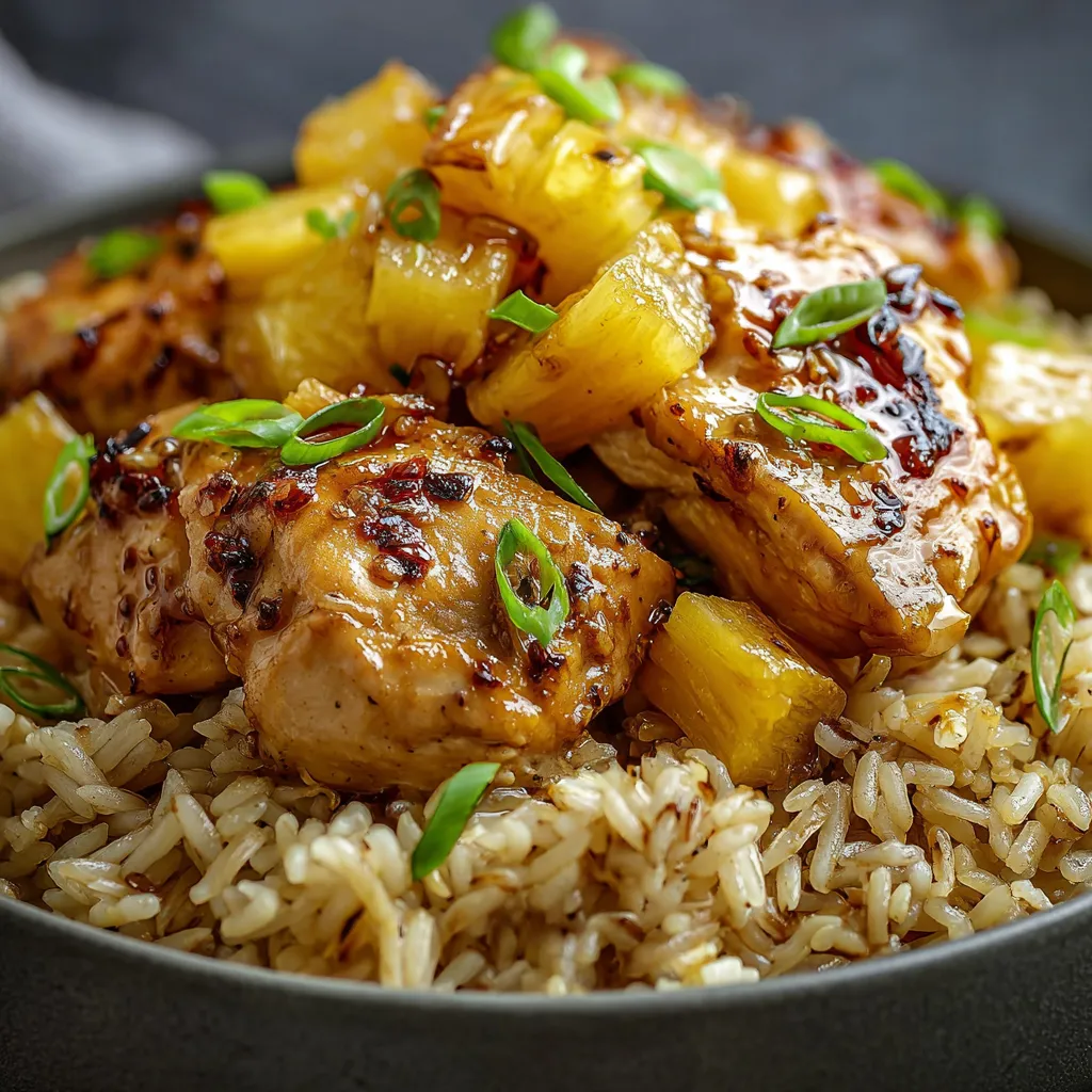 A close-up shot showcases the delicious layers and textures of the freshly baked Pineapple Chicken Rice Bake.