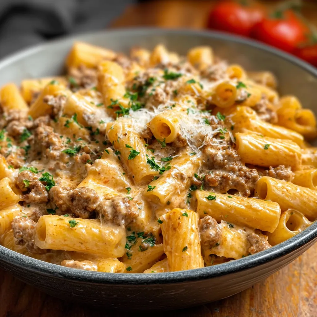 Close-up shot of flavorful Sausage Rigatoni pasta in a rich sauce, ready to be enjoyed.