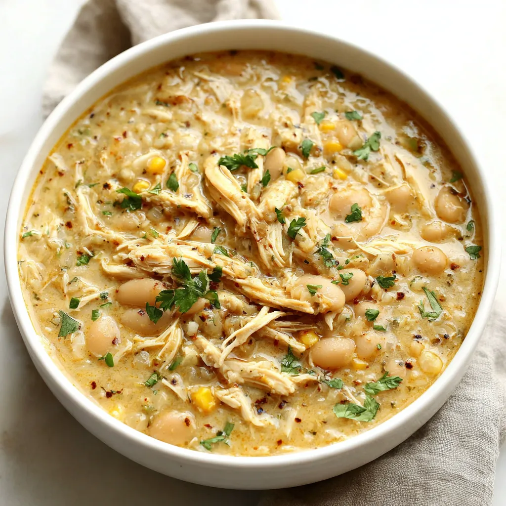 Close-up shot showcasing a delicious bowl of homemade White Chicken Chili, perfect for a comforting meal.