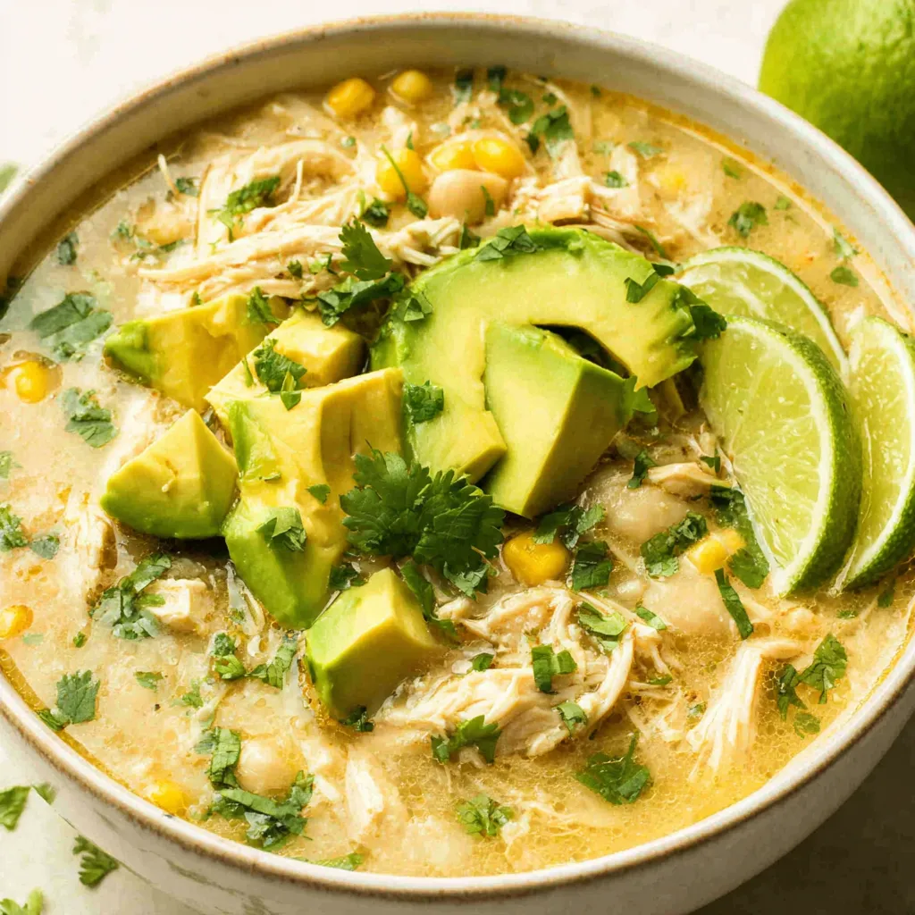 A close-up shot showcases a delicious bowl of creamy White Chicken Chili, perfect for a comforting meal.
