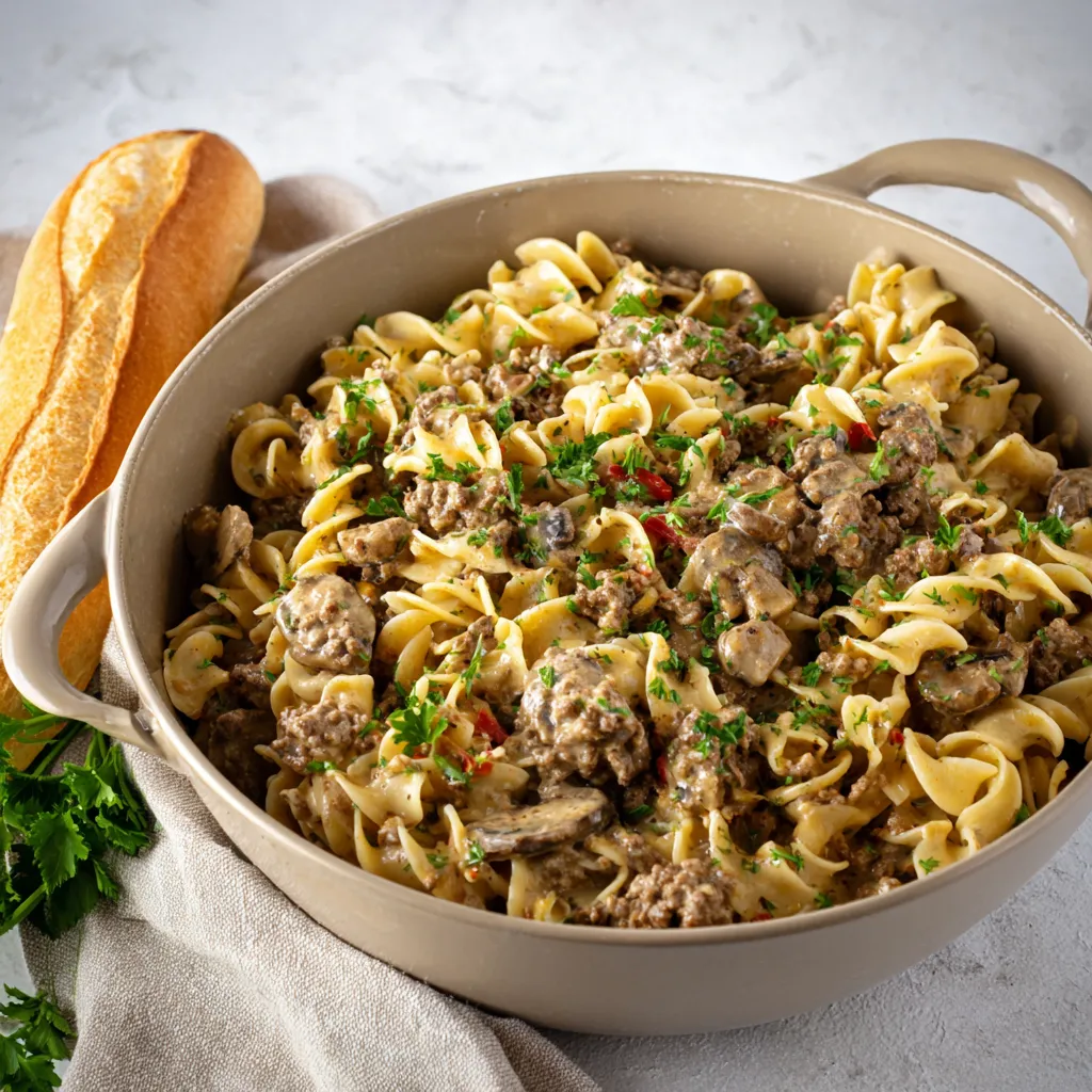 Close-up of creamy Ground Beef Stroganoff with egg noodles, showcasing its rich texture and delicious appearance.