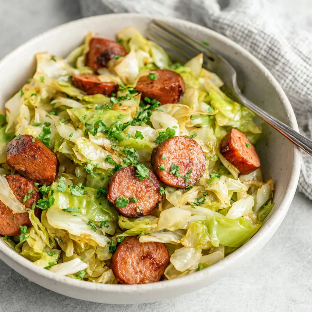 Close-up shot of a delicious Sausage And Cabbage Stir Fry, showcasing the vibrant colors and textures of the dish.