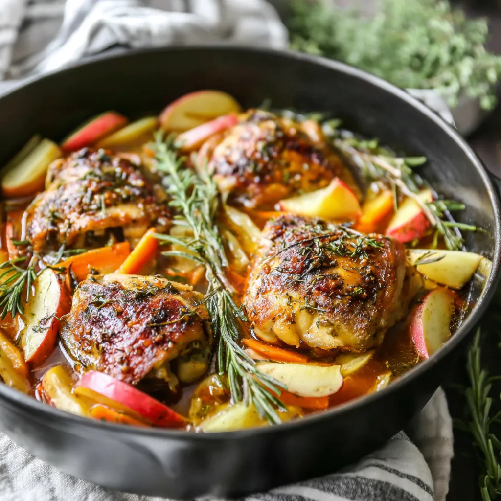 Close-up view of appetizing Rosemary Apple Cider Chicken, showcasing its golden-brown skin and juicy interior.