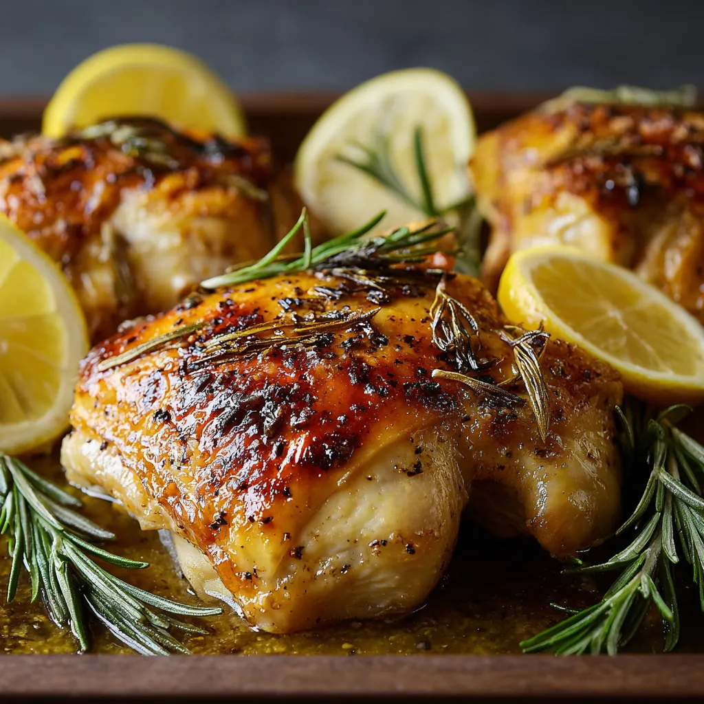 Close-up view of a perfectly roasted Rosemary Lemon Split Roast Chicken, showcasing its golden-brown skin and juicy interior.